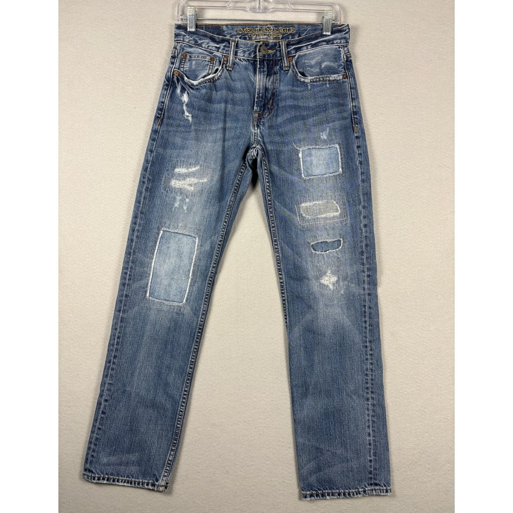 American Eagle Slim Straight Distressed Patchwork Jeans 28x30 Blue Wash